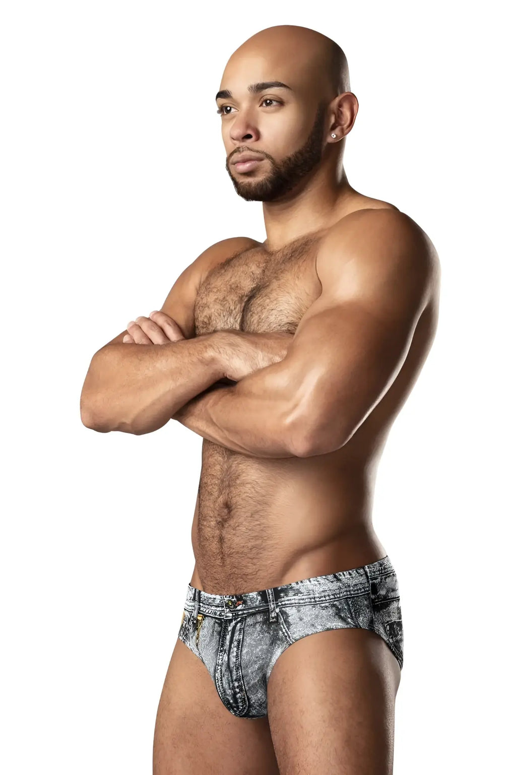 A pair of male power 486-286 dirty denim bikini briefs with faded gray and black wash and realistic stitching