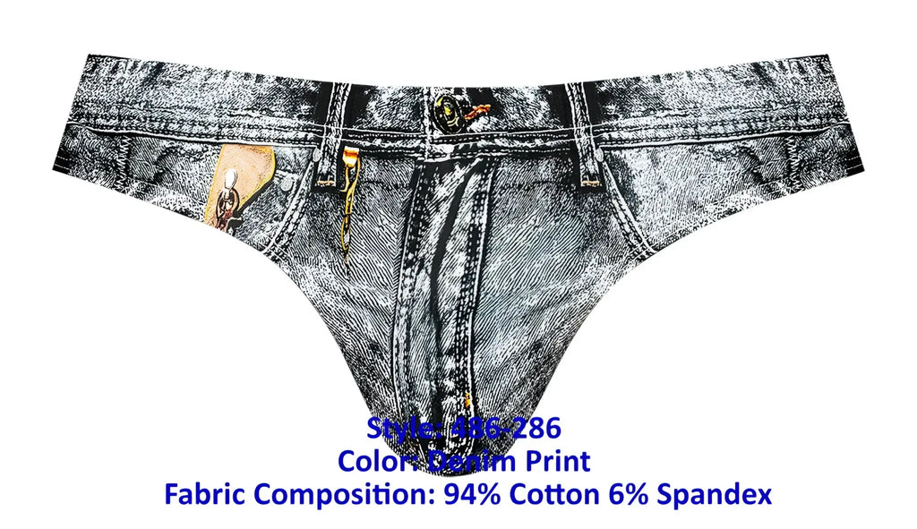 Male power denim print thong with faded blue wash detailed stitching faux leather patches and metallic hardware accents