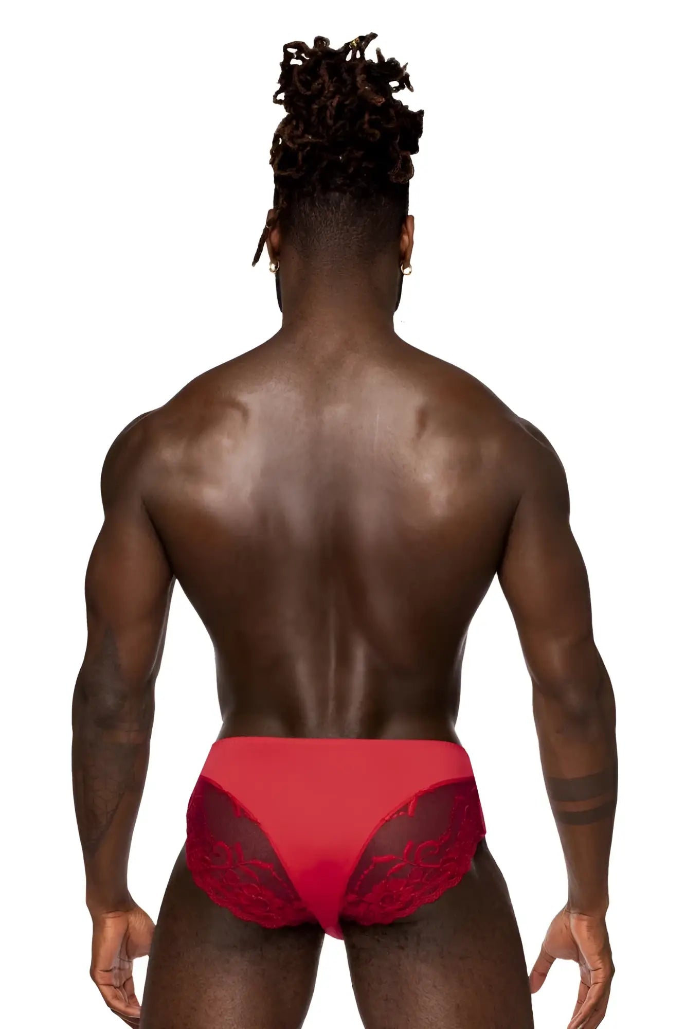 Male power sassy lace bikini briefs in red featuring a solid pouch and delicate lace trim