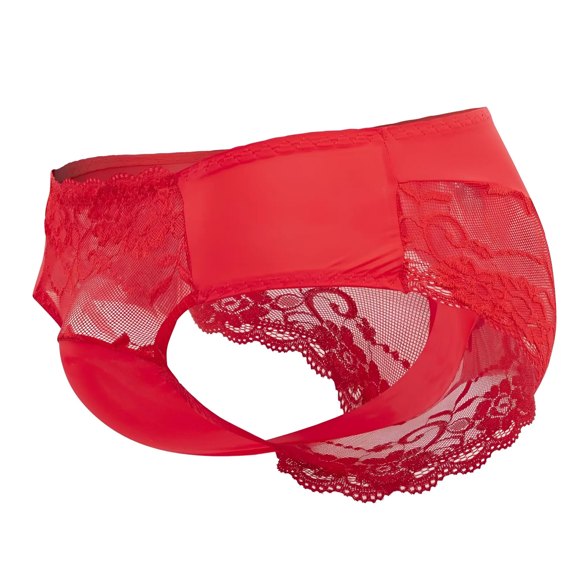 Male power 492-280 sassy lace bikini red satin briefs with lace trim sheer mesh panel and scalloped edges