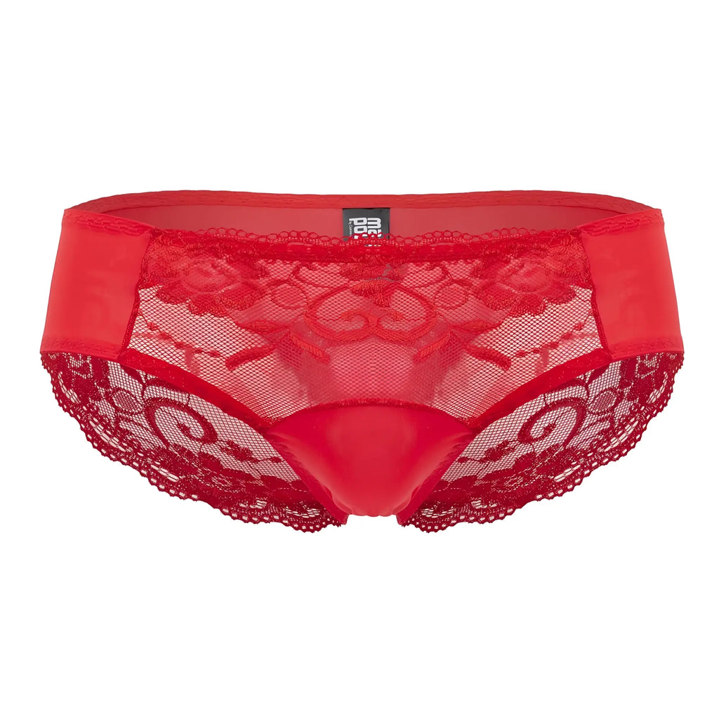 Male power 492-280 sassy lace bikini in red with lace trim, sheer mesh panel, and satin-like waistband