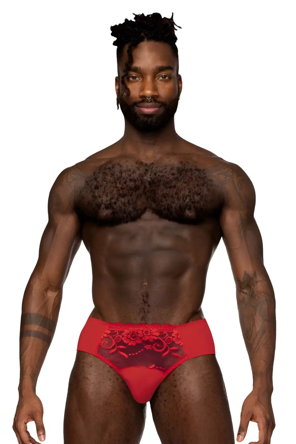 Red lace-trimmed male power 492-280 sassy lace bikini briefs with sheer mesh panel and floral embroidery in red