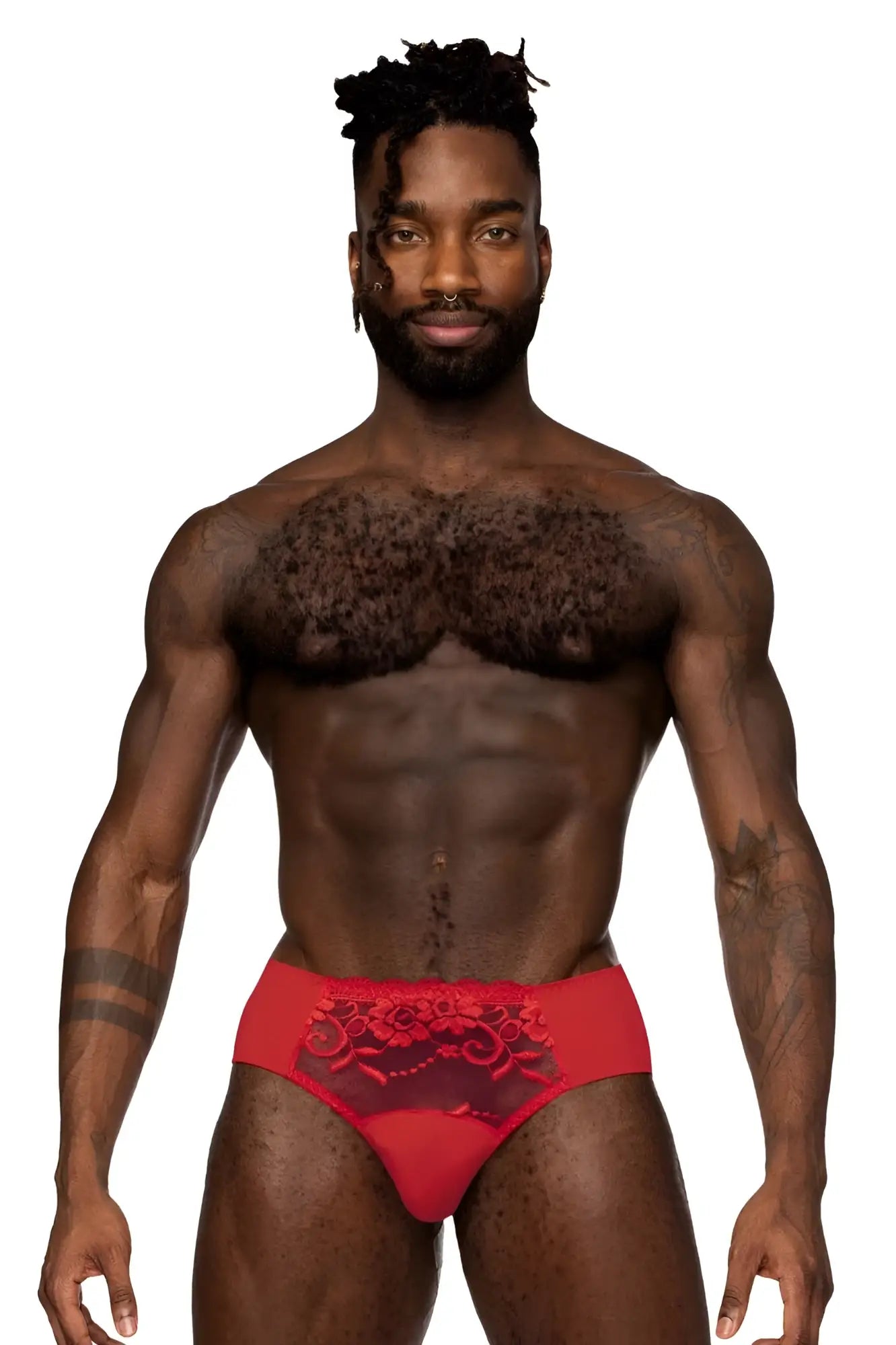 Red lace-trimmed male power 492-280 sassy lace bikini briefs with sheer mesh panel and floral embroidery in red