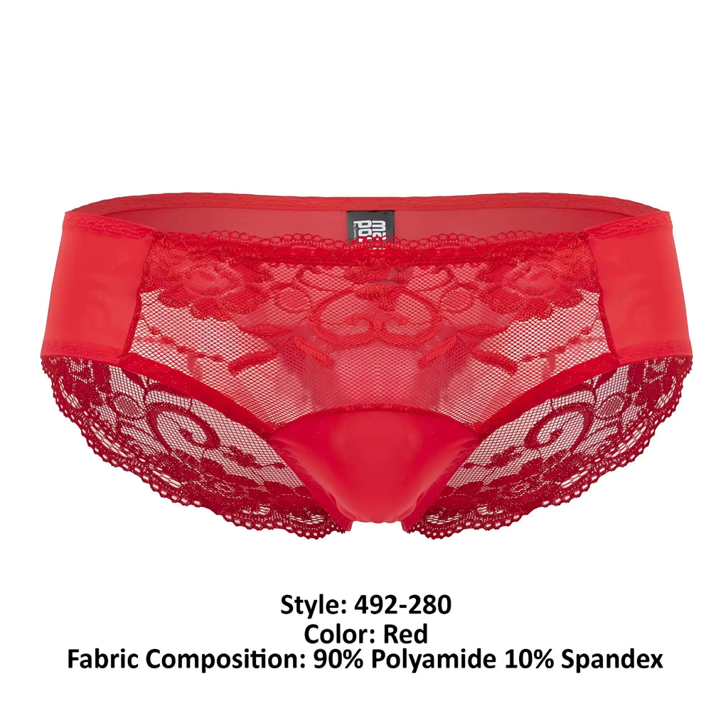 Male power 492-280 sassy lace bikini briefs in red with lace trim satin side panels and sheer mesh pouch