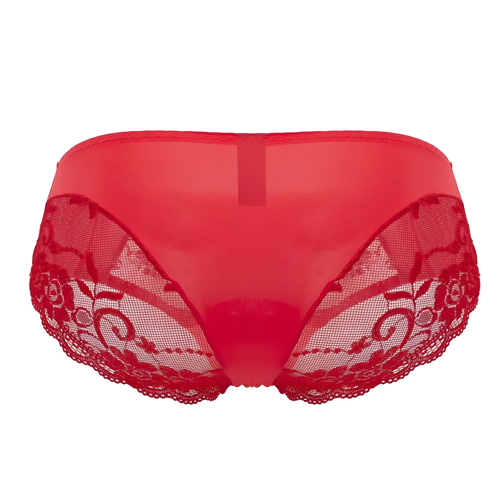 Red lace-trimmed male power 492-280 sassy lace bikini briefs with sheer satin fabric and floral embroidery in red
