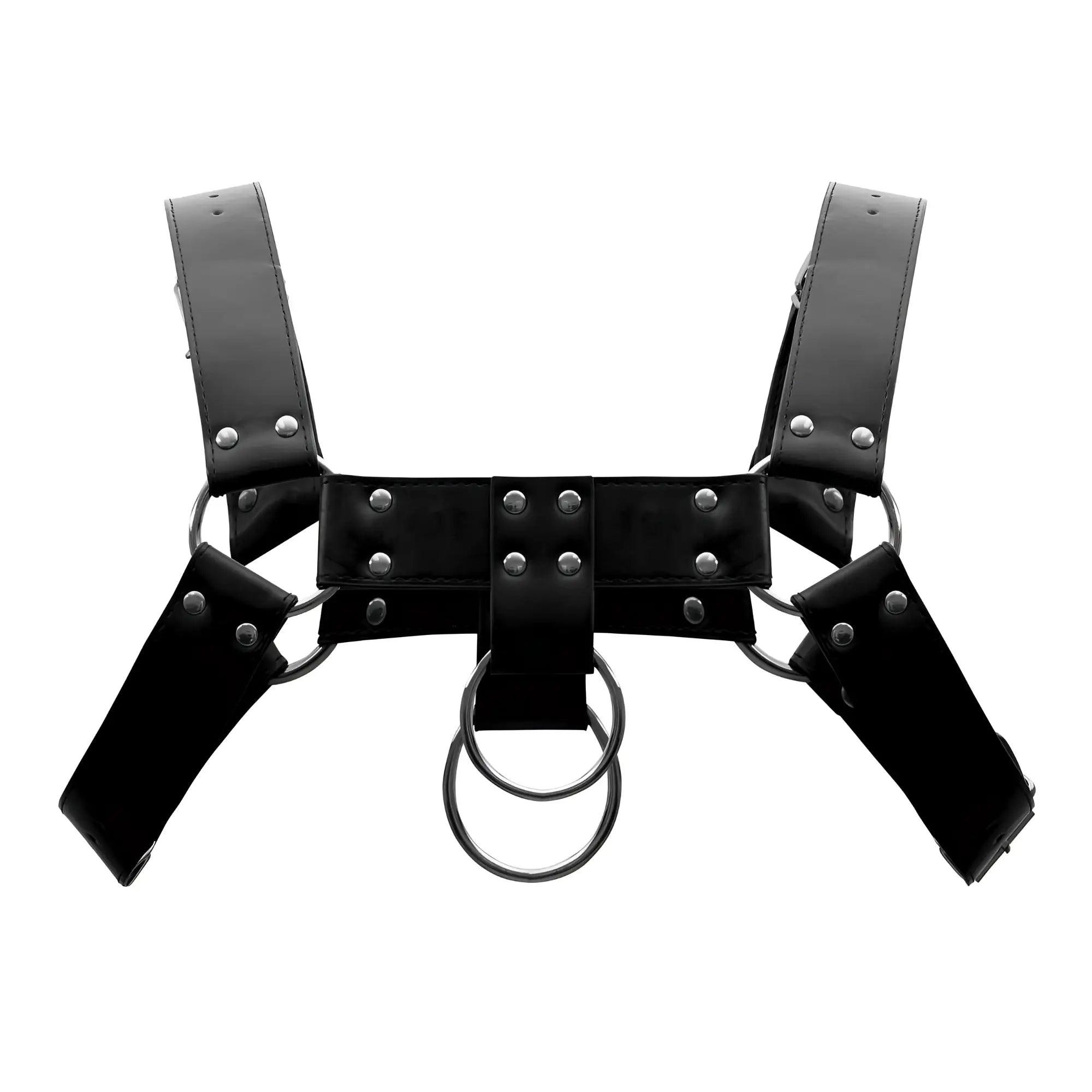 Black faux leather male power 590-266 aries harness featuring silver metal rings and studs