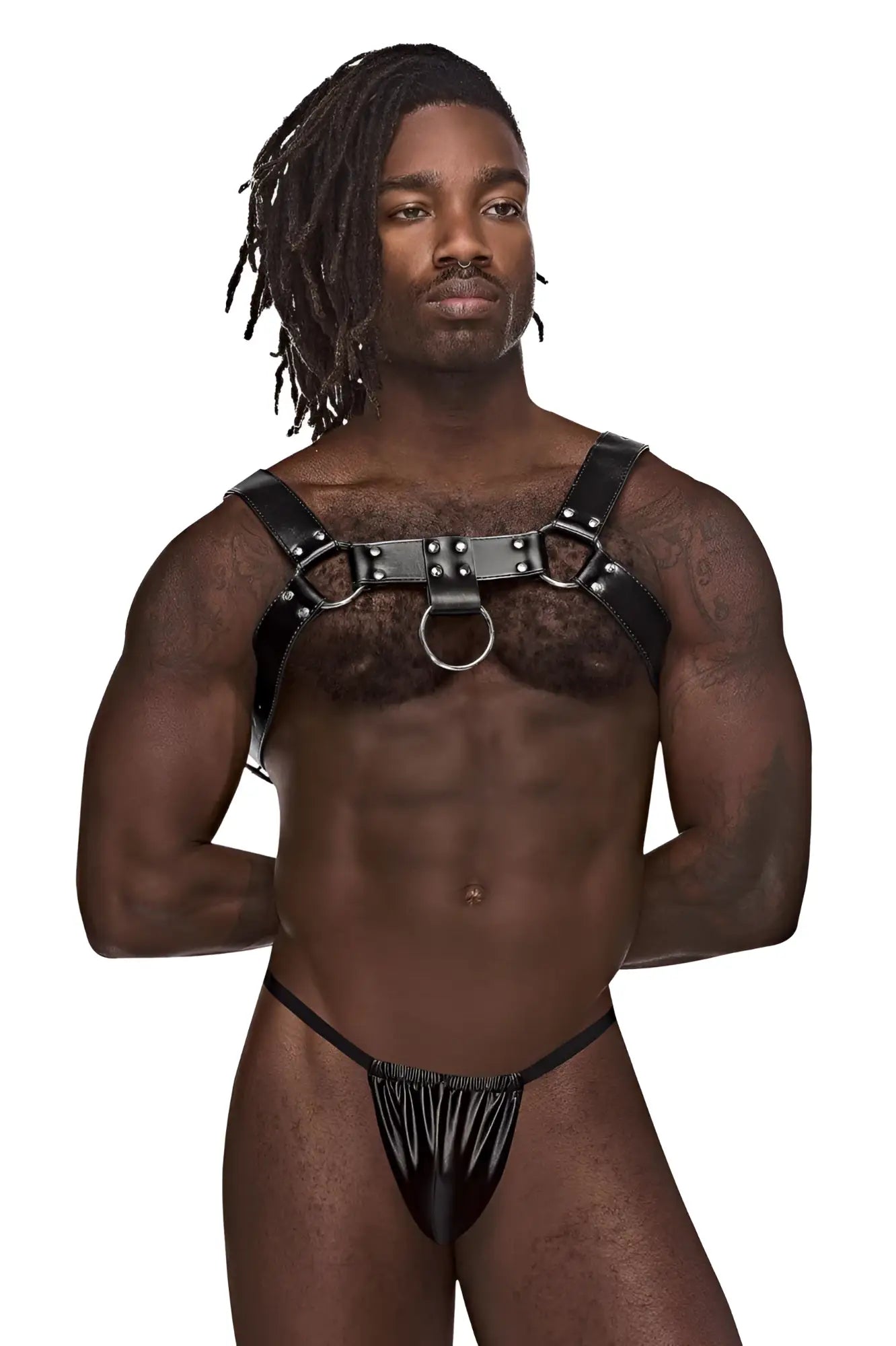 Male power 590-266 black leather aries harness with metal rings and studs for male power play and restraint