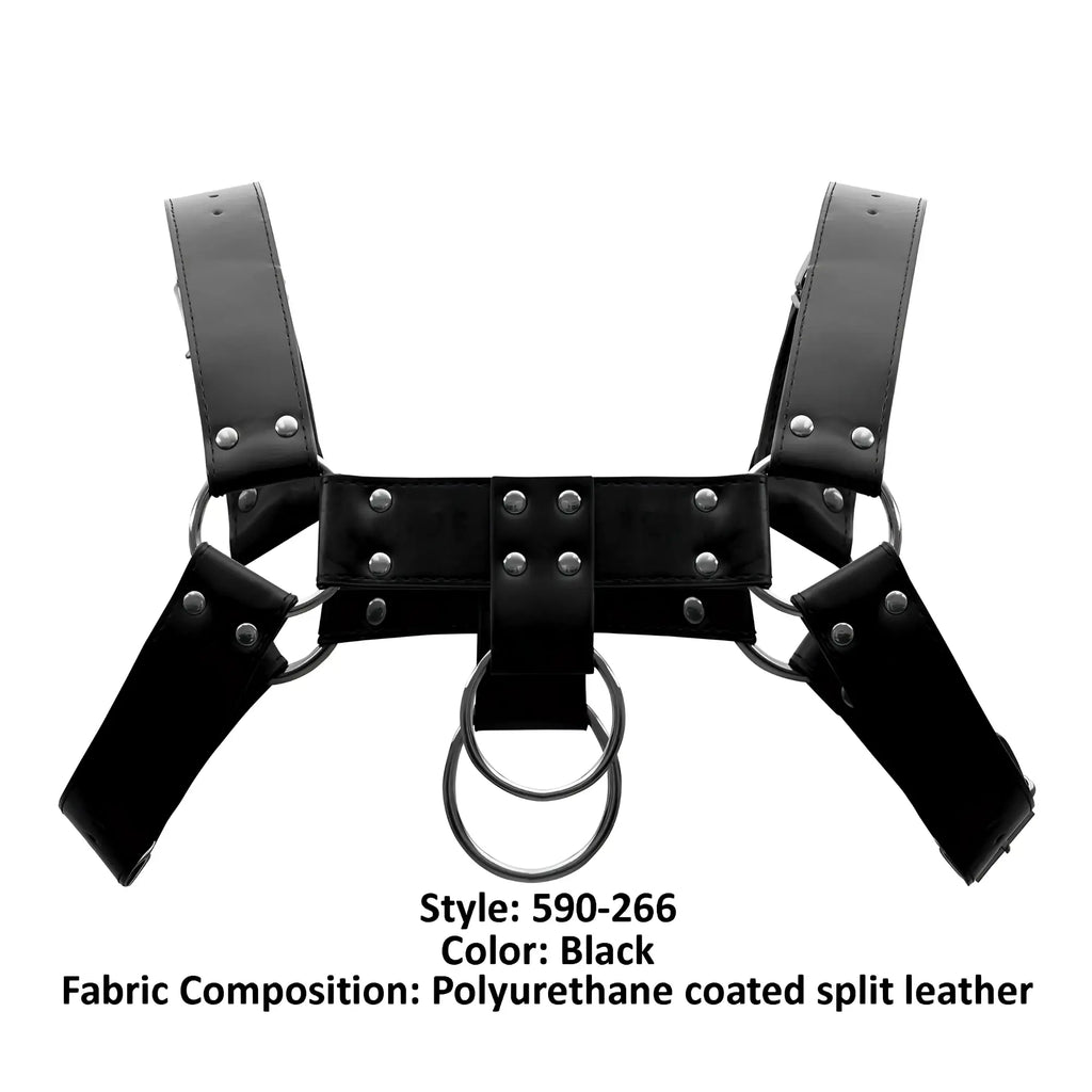Male power 590-266 black leather aries harness with polyurethane coating silver toned metal rings and studs