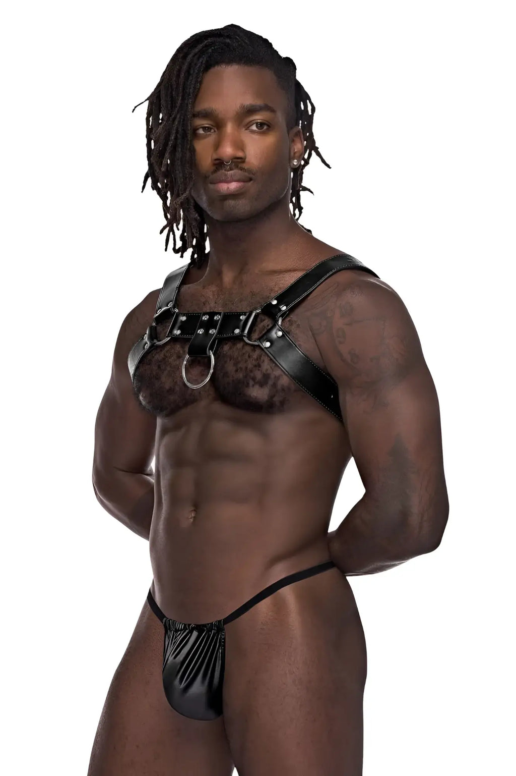 Male power 590-266 leather aries harness in black with silver studs and ring paired with matching black latex thong