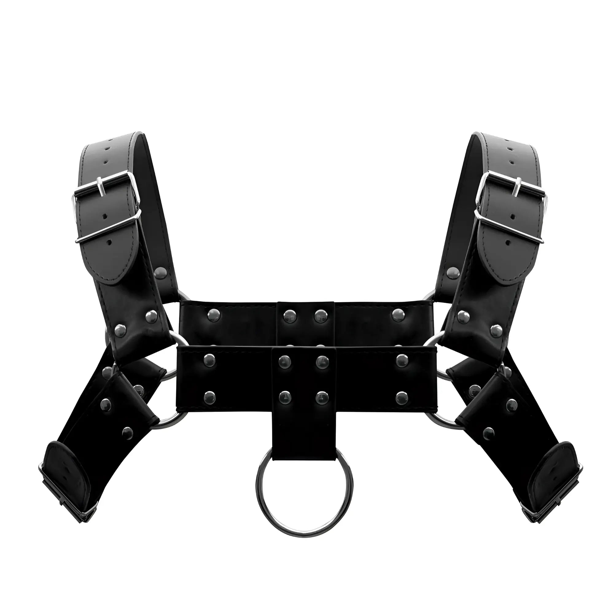 Male power 590-266 black leather aries harness with silver toned buckles studs and central ring