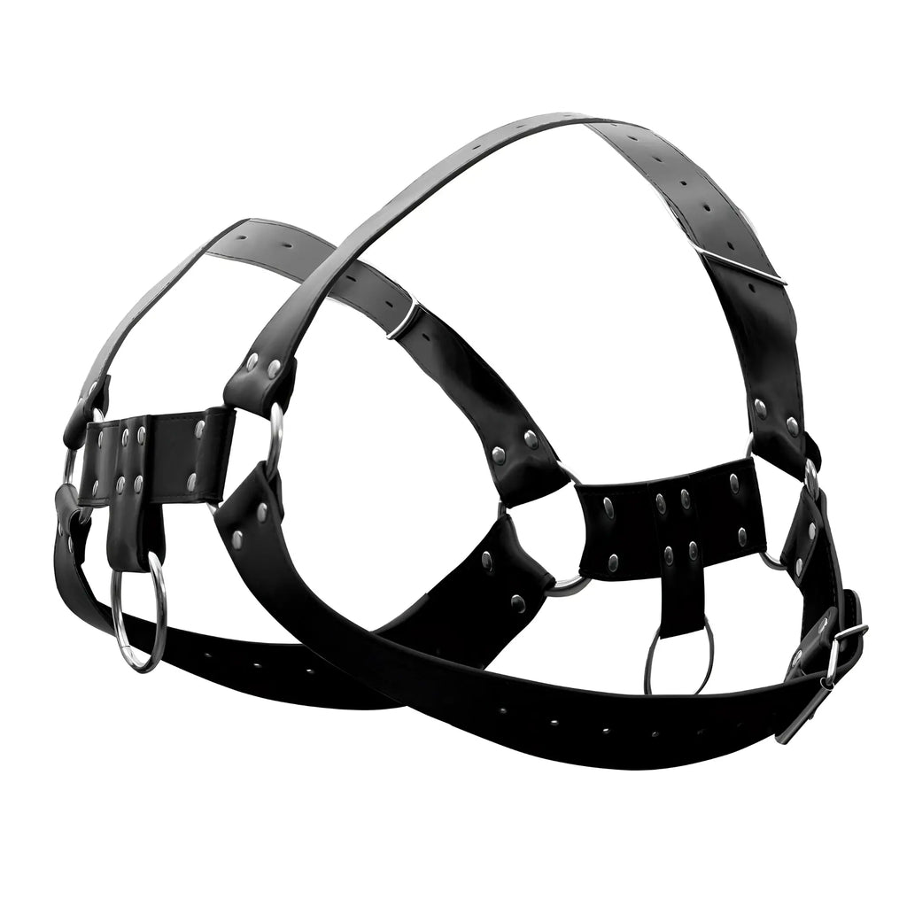 Black leather male power aries harness with silver metal rings and studs in a bold design