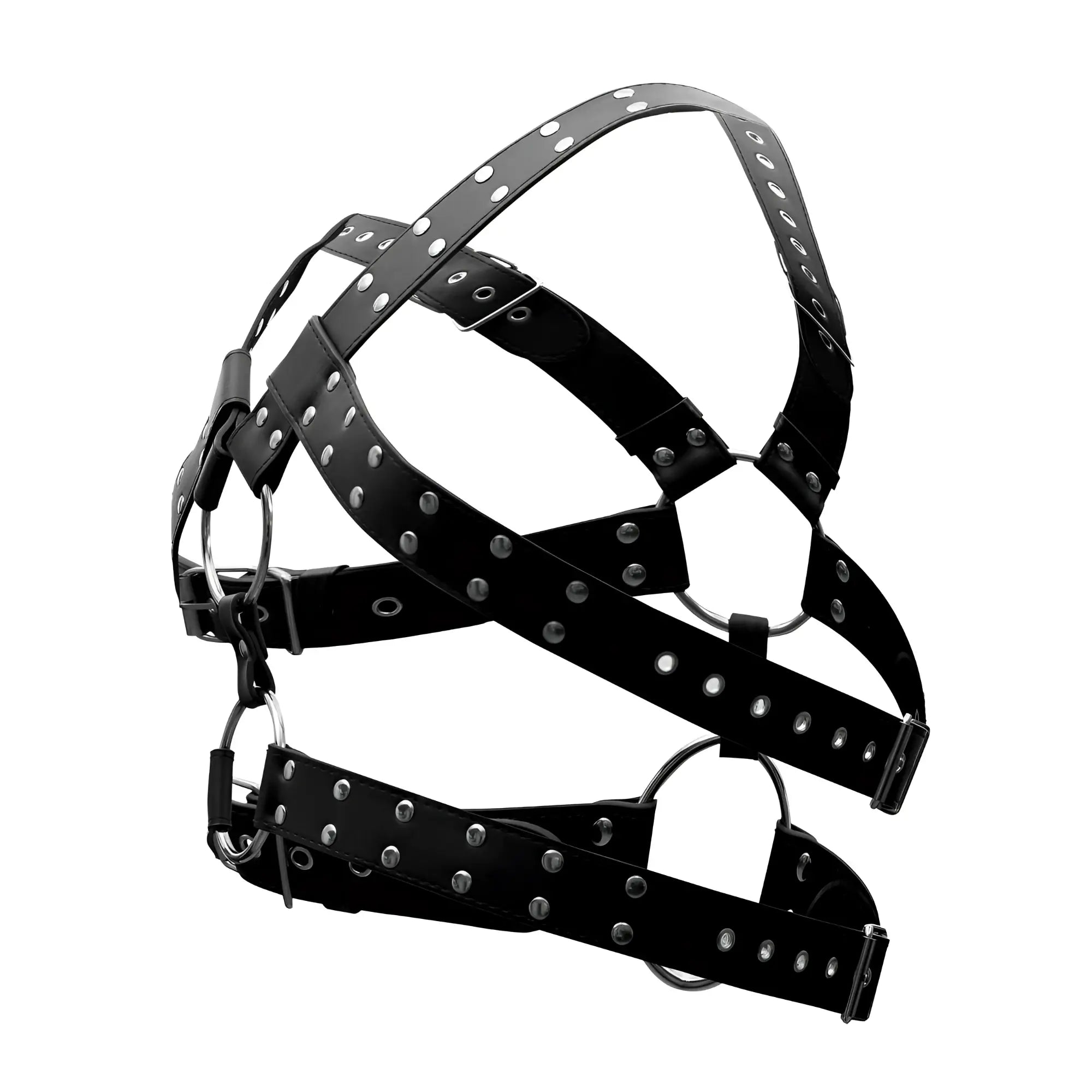 Male power 591-266 black leather gemini harness with silver studs and metal rings for male power play