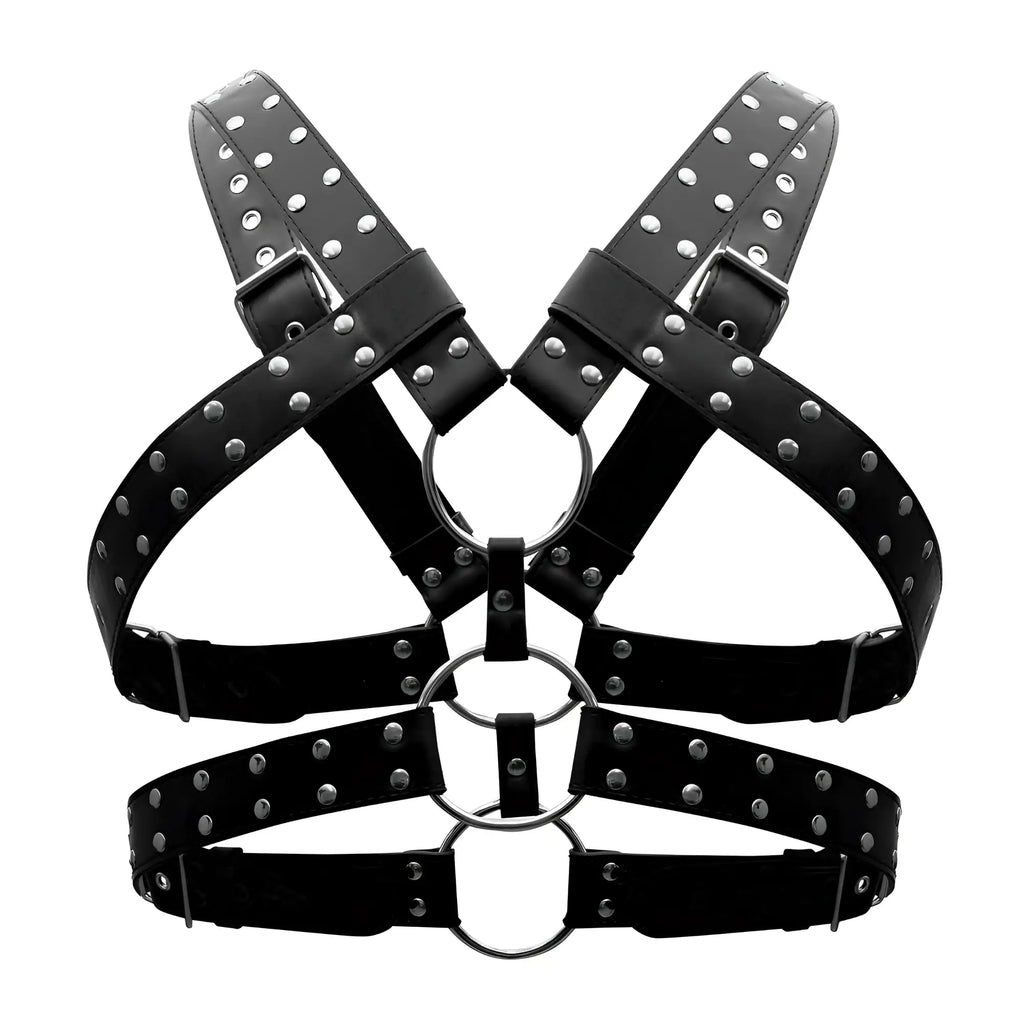 Black leather male power 591-266 gemini harness with silver studs and metal rings front view