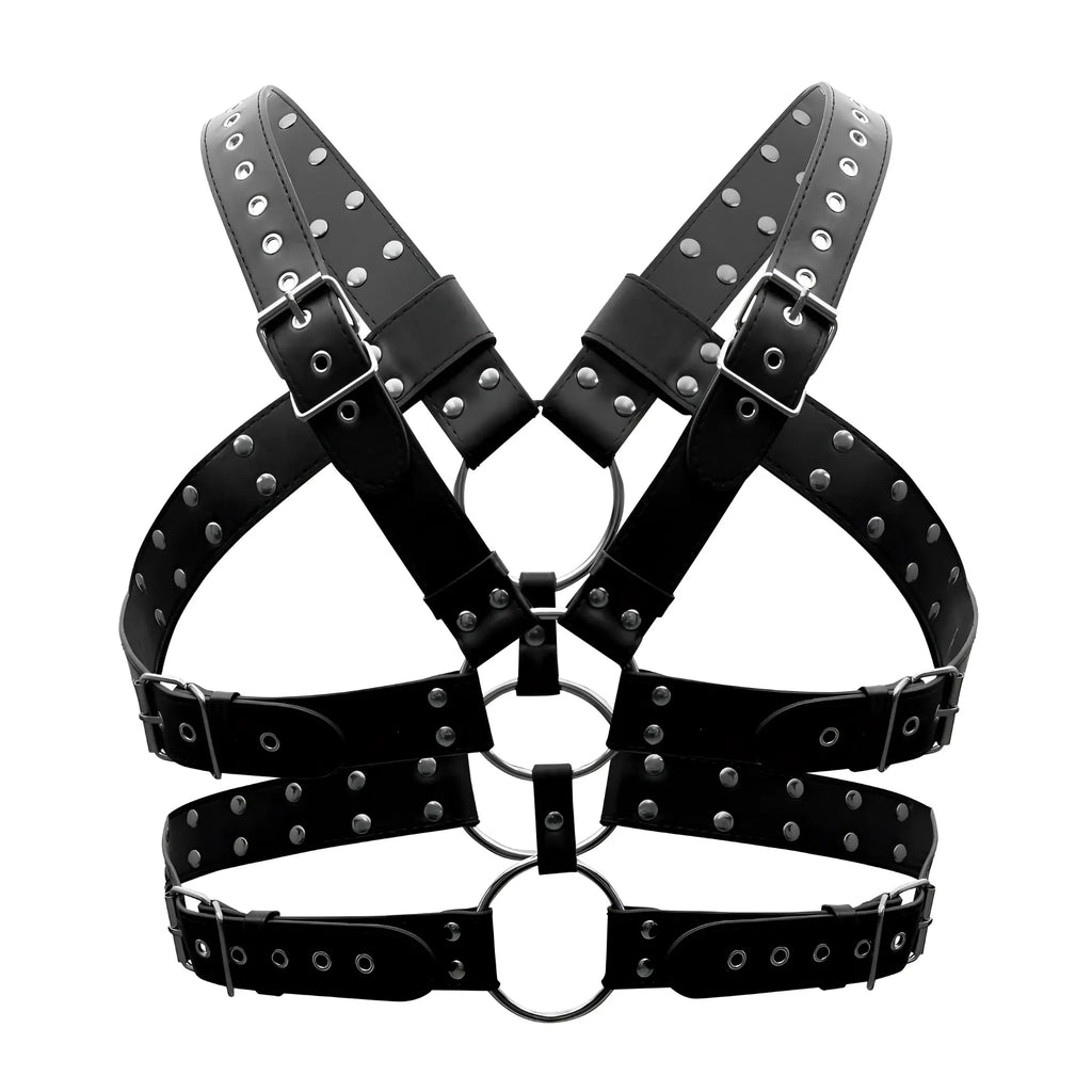 Black leather male power 591-266 gemini harness with silver studs and metal rings for adjustable fit