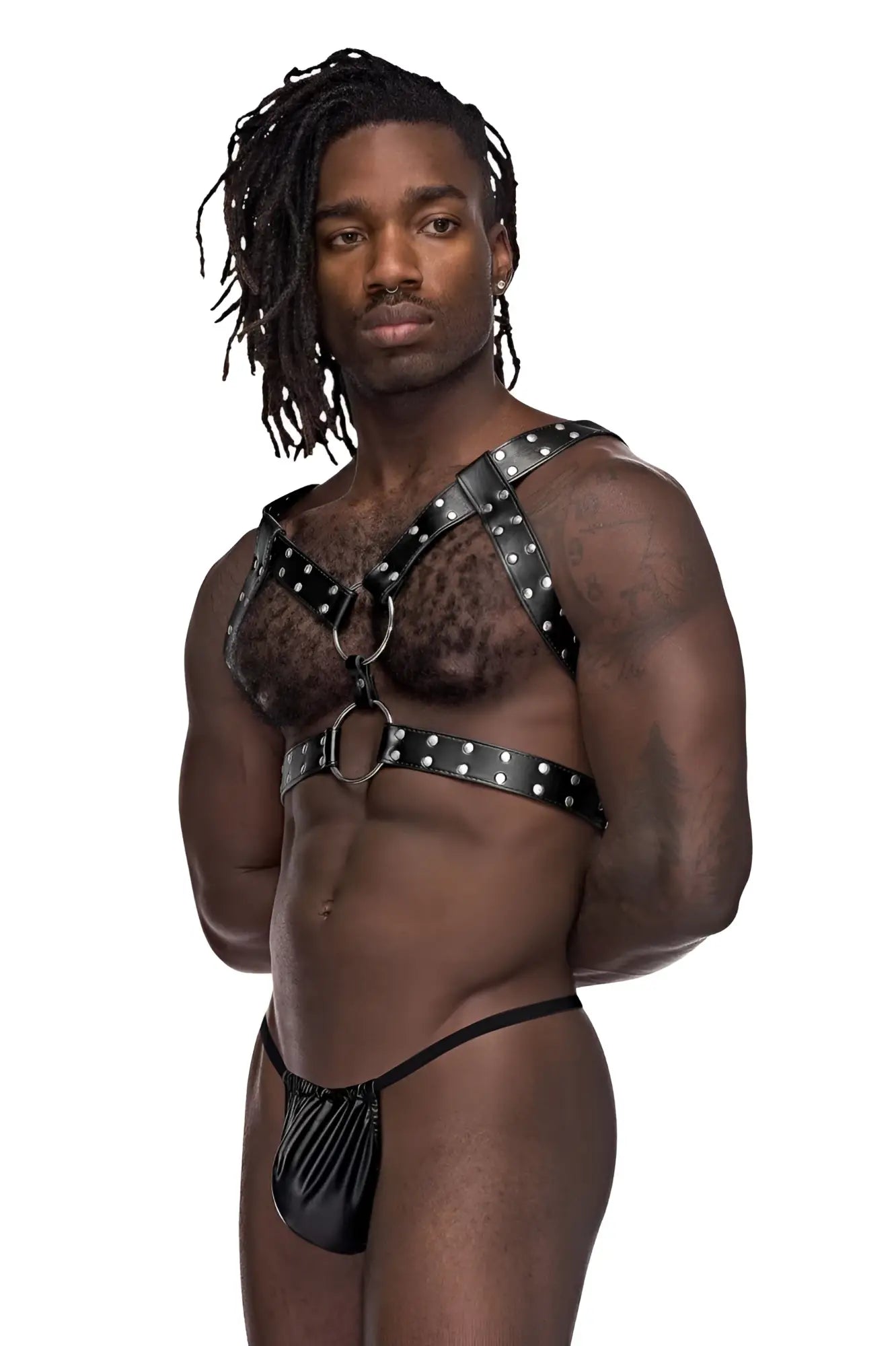 Male power 591-266 leather gemini harness black male harness with silver studs and metal rings