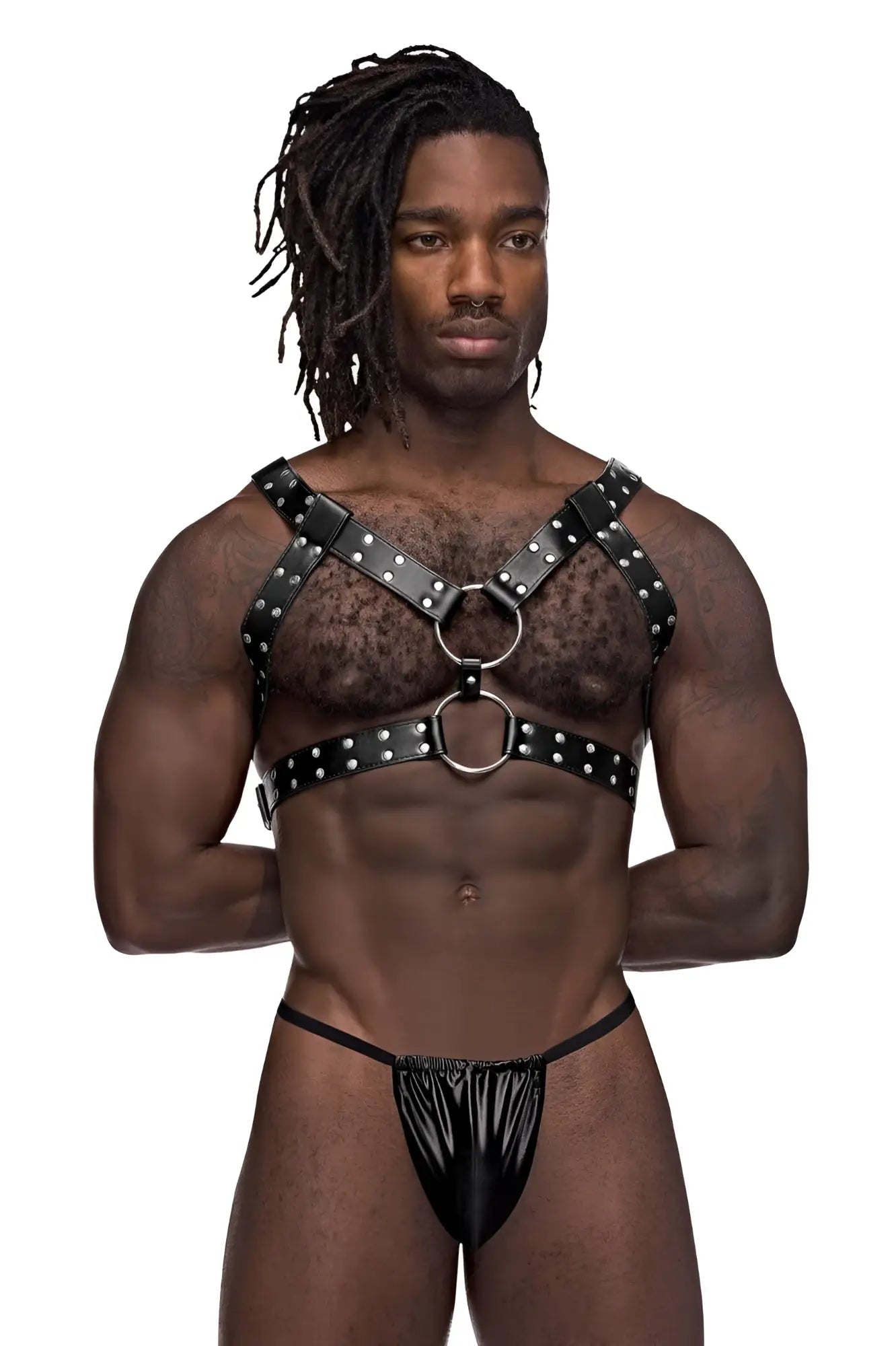 Black leather male power 591-266 gemini harness with silver studs and metal rings for adjustable fit
