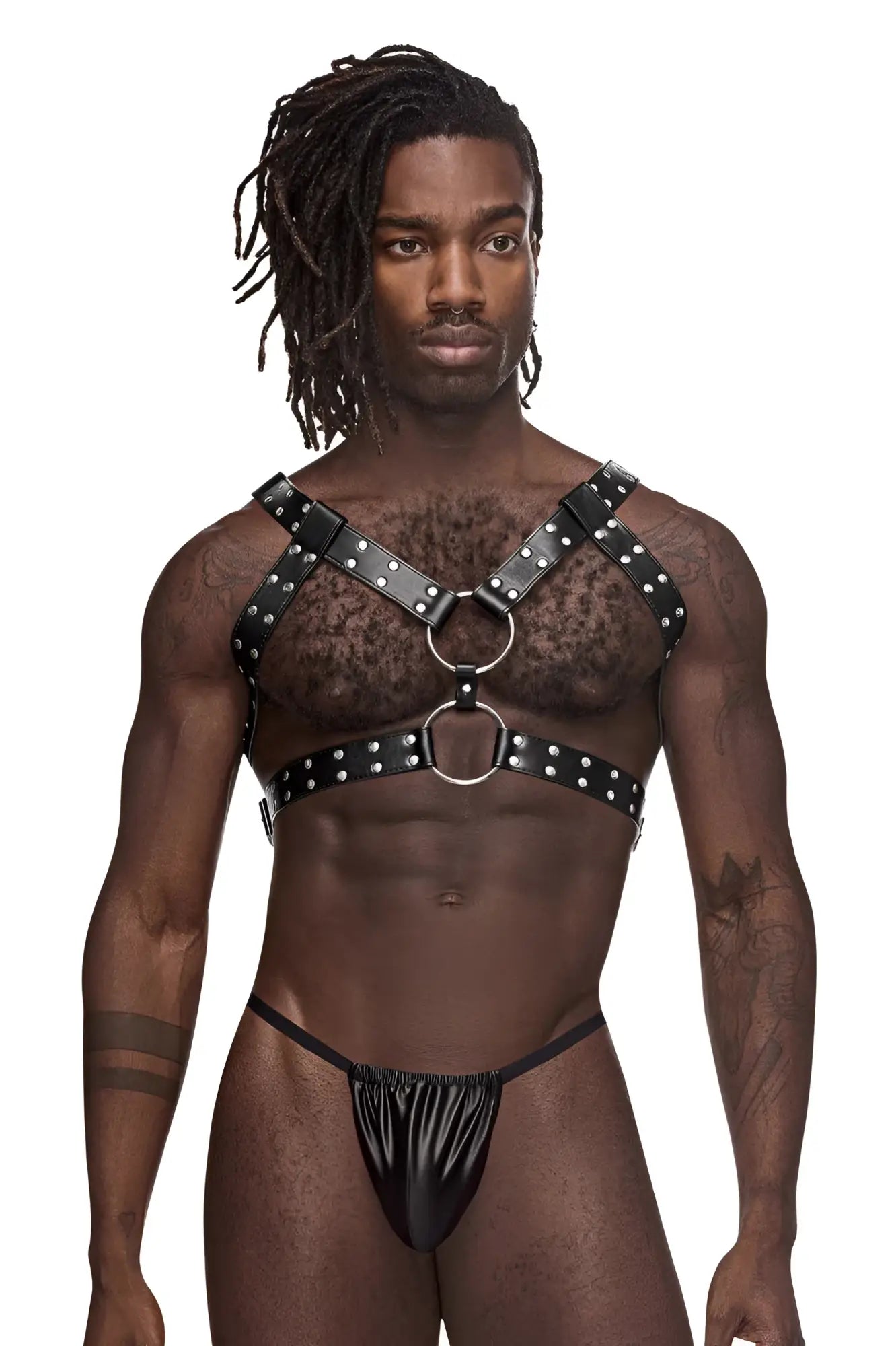 Male power 591-266 black leather gemini harness with silver studs and metal rings for men