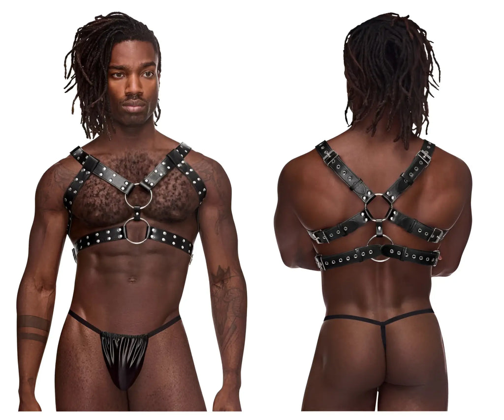 Male Power 591-266 leather Gemini harness in black features silver-toned metal rings and studs on black leather