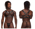 Male Power 591-266 leather Gemini harness in black features silver-toned metal rings and studs on black leather