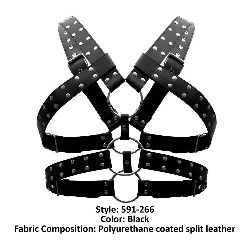 Male power 591-266 black leather gemini harness with studs silver rings and buckles made of polyurethane coated split leather