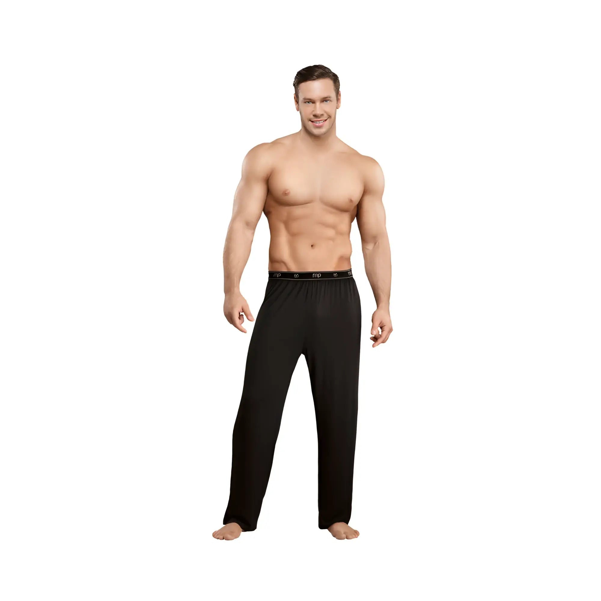 Black male power bamboo lounge pants large with elastic waistband and subtle logo pattern for comfortable wear