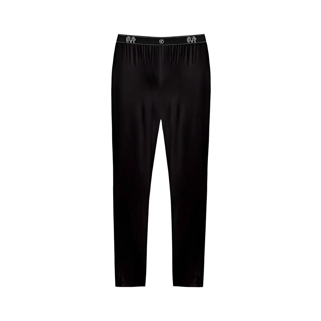 Male power bamboo lounge pants large black satin-like leggings with subtle sheen and branded white waistband