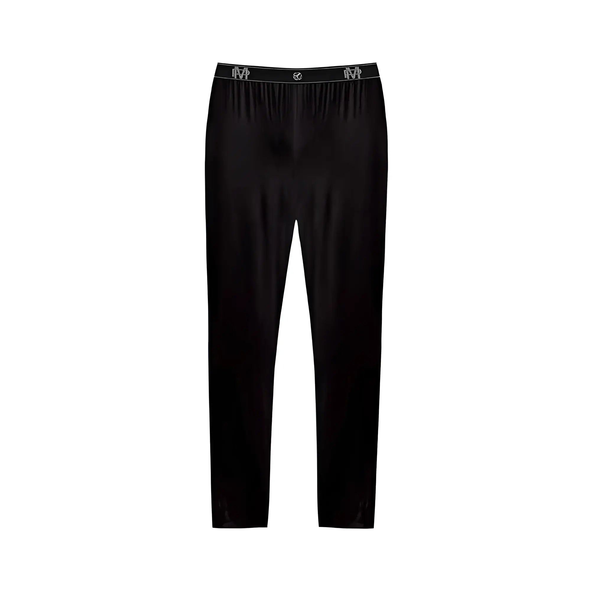 Male power bamboo lounge pants large black satin-like leggings with subtle sheen and branded white waistband