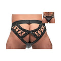 Male power black ice lace up moonshine black leather lace-up briefs with crisscross design and reinforced gussets
