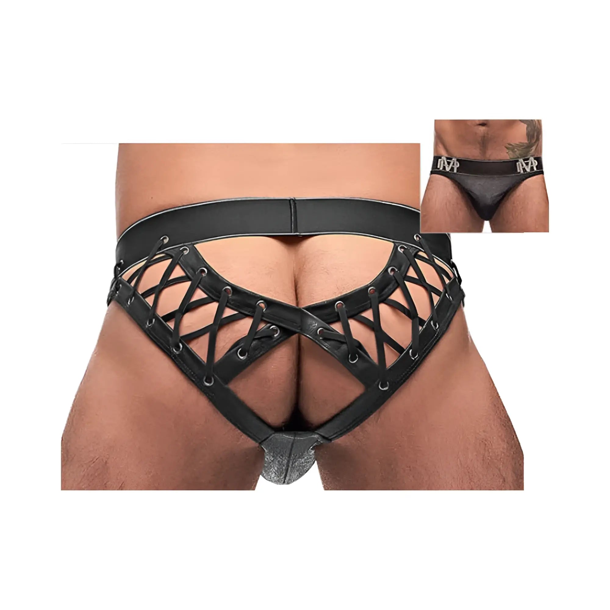 Male power black ice lace up moonshine black leather lace-up briefs with crisscross design and reinforced gussets