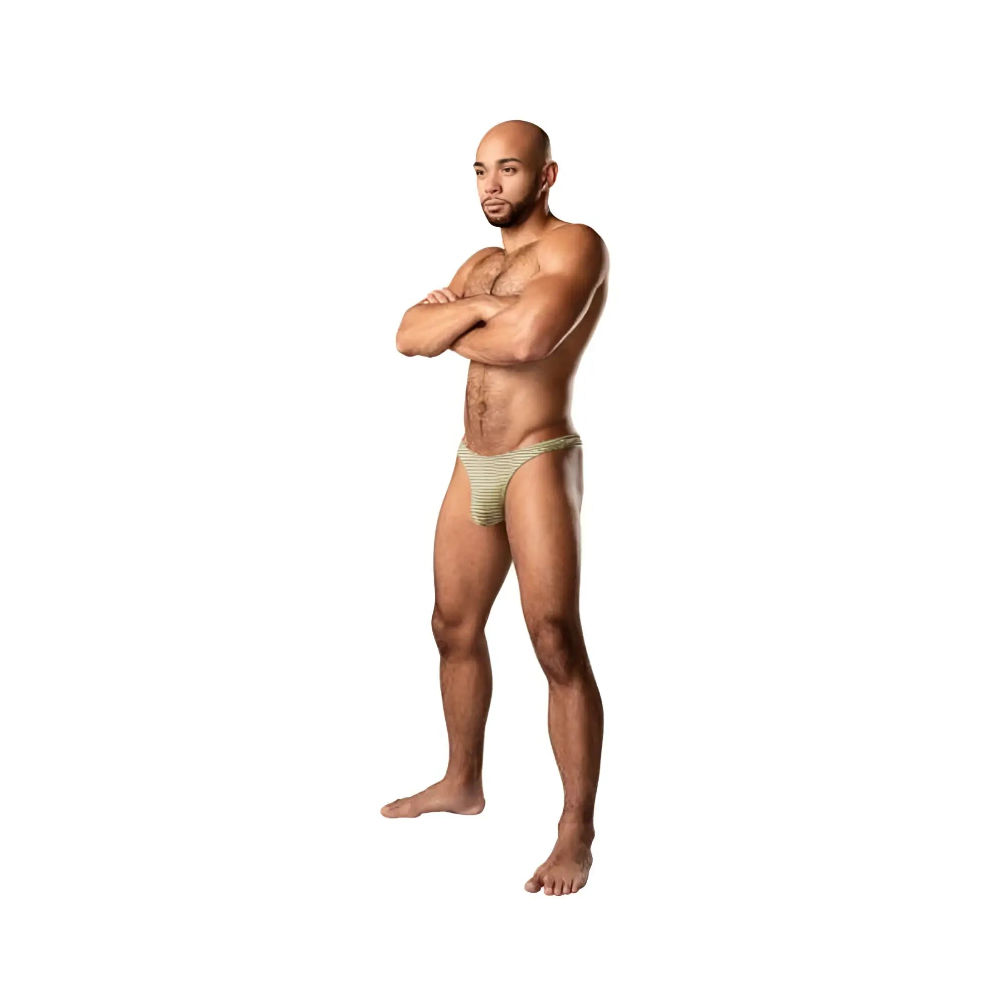 A pair of male power cabana banana bong thong light green striped briefs with snug fit and elastic waistband
