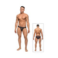 Black men’s briefs with subtle red waistband accent in male power camo sport net bikini black med design