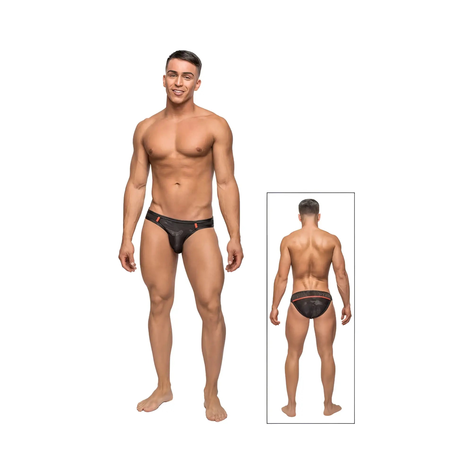 Black men’s briefs with subtle red waistband accent in male power camo sport net bikini black med design