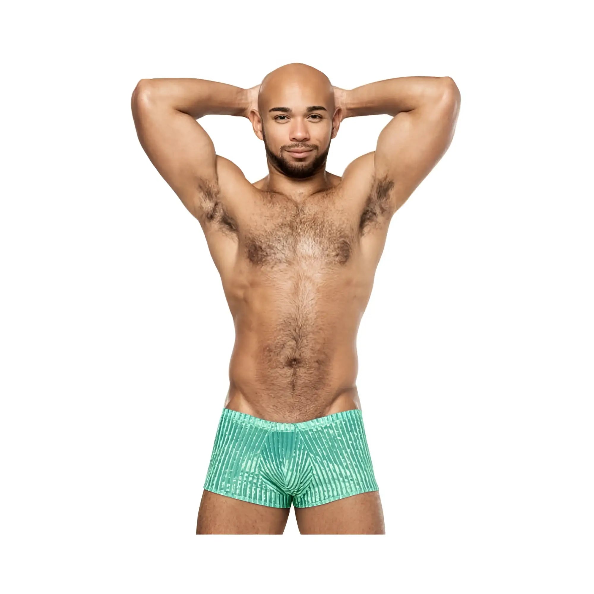 A pair of teal ribbed male power caribbean crush mini short mint xl briefs with a subtle textured pattern