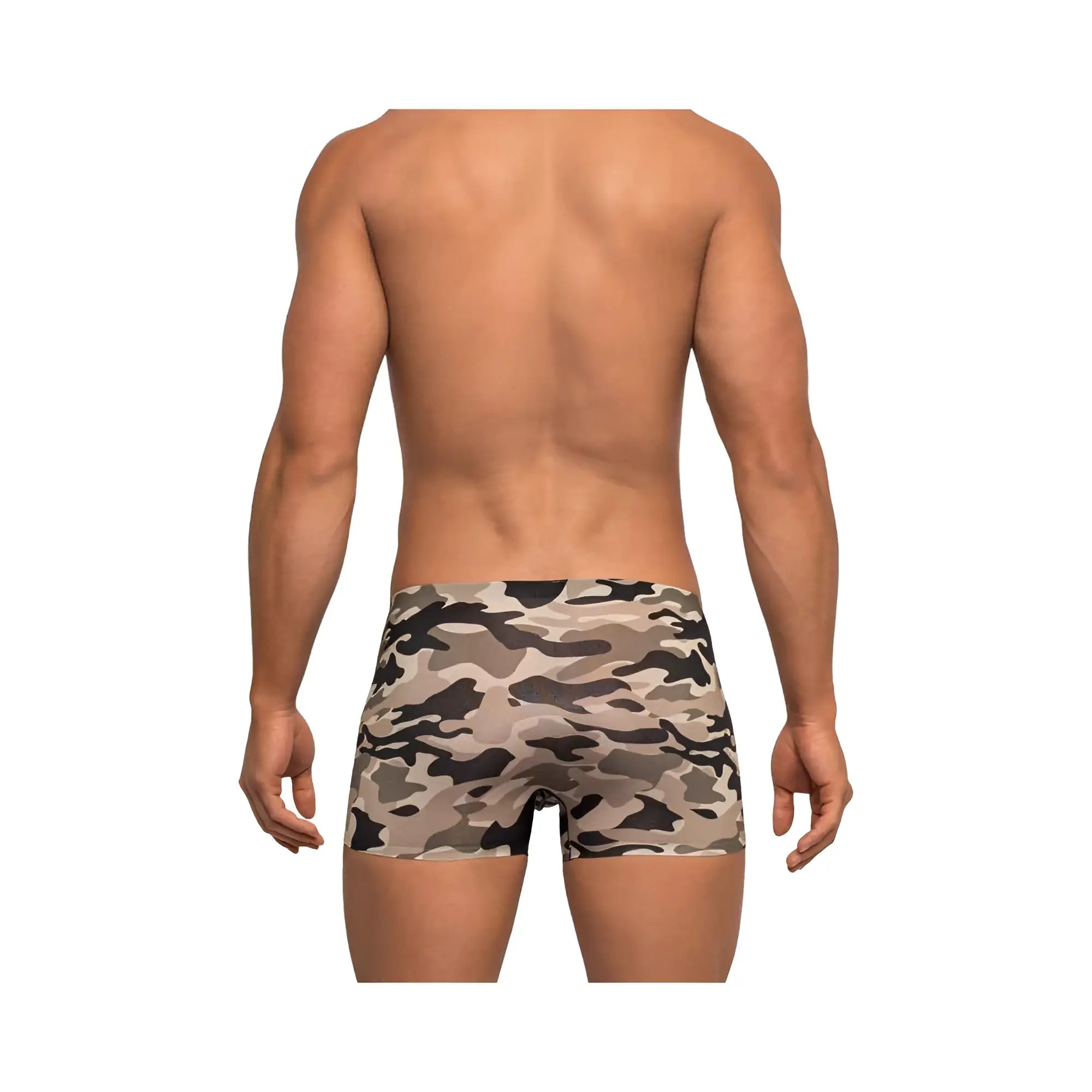 Male power commando mini short camo large men’s boxer briefs in beige brown and black camouflage pattern