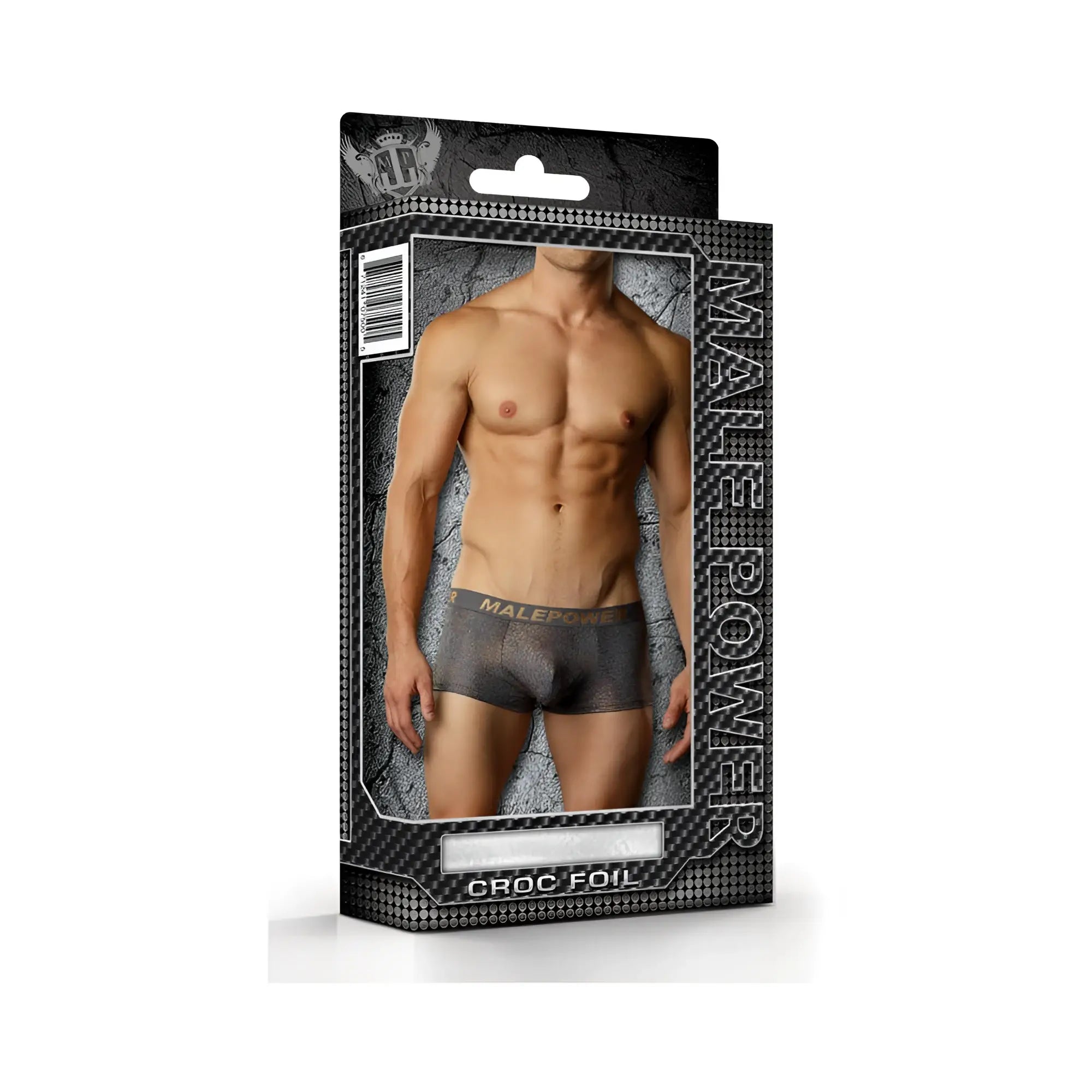 Black croc-foil men’s mini pouch underwear with male power branding on the waistband in grey xlg size