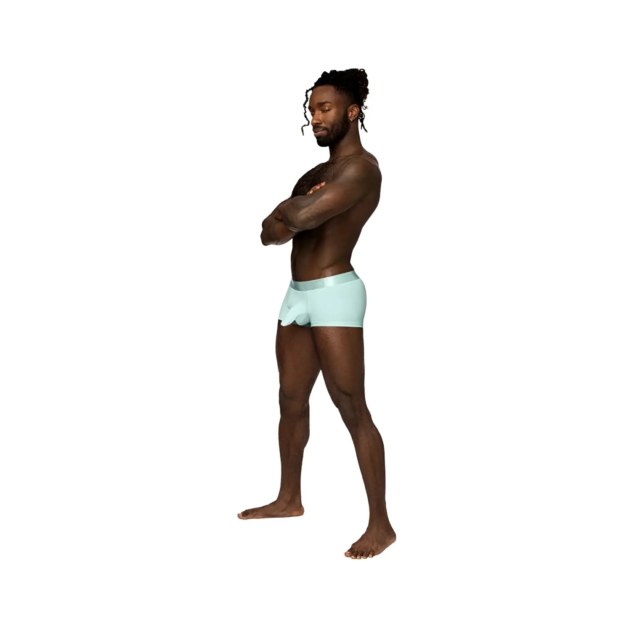 Light blue men’s briefs with smooth fitted design from male power easy breezy mini short sleeve aqua s collection