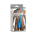 Male power euro male bright blue stretchy spandex swim trunks with adjustable shoulder straps and central cutout