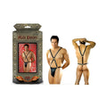 Male power fetish warrior black leather criss-cross body harness with silver studs and matching packaging box s m