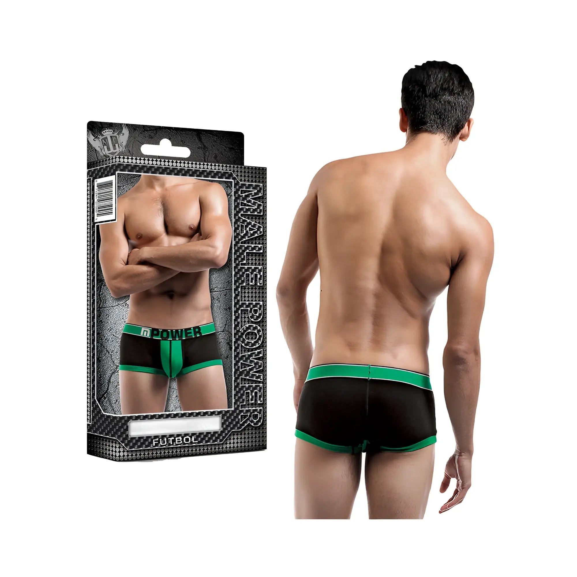 Male power futbol attacker mini short black xlg athletic briefs in black and green with a bold sporty design