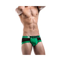 Green and black striped men’s briefs with mpower branding on the waistband from male power futbol attacker mini short