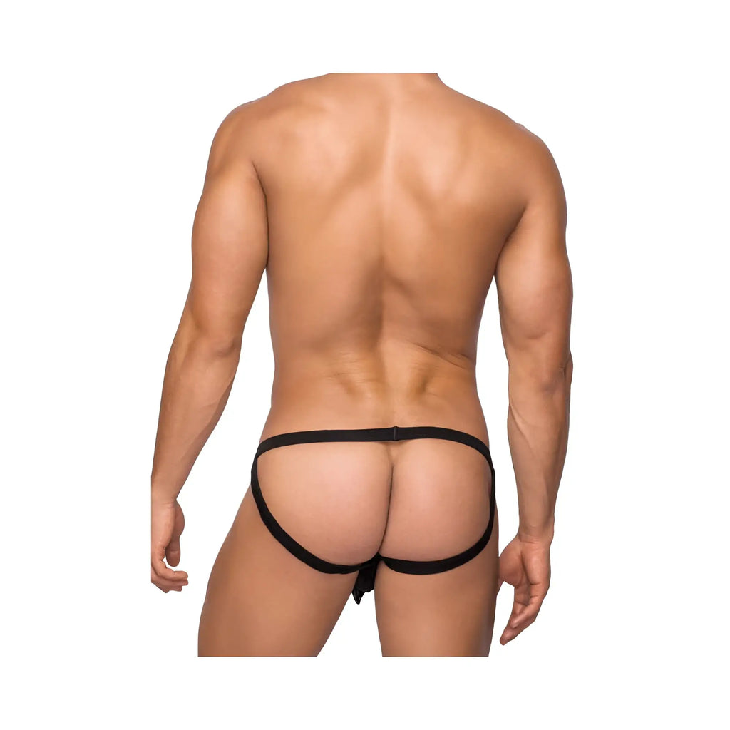 Back view of male power hoser hose jock black sm elasticated briefs with central strap and side ties
