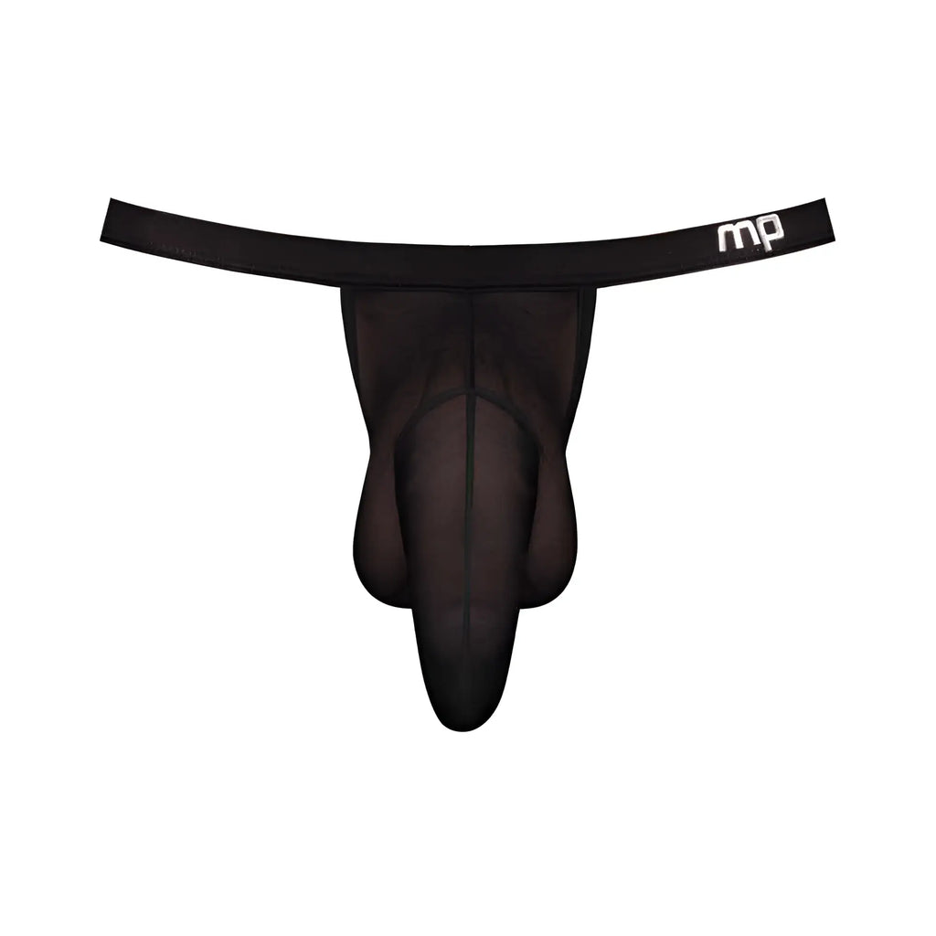 Black mesh thong with supportive contoured design and mp logo on waistband from male power hoser hose jock black sm