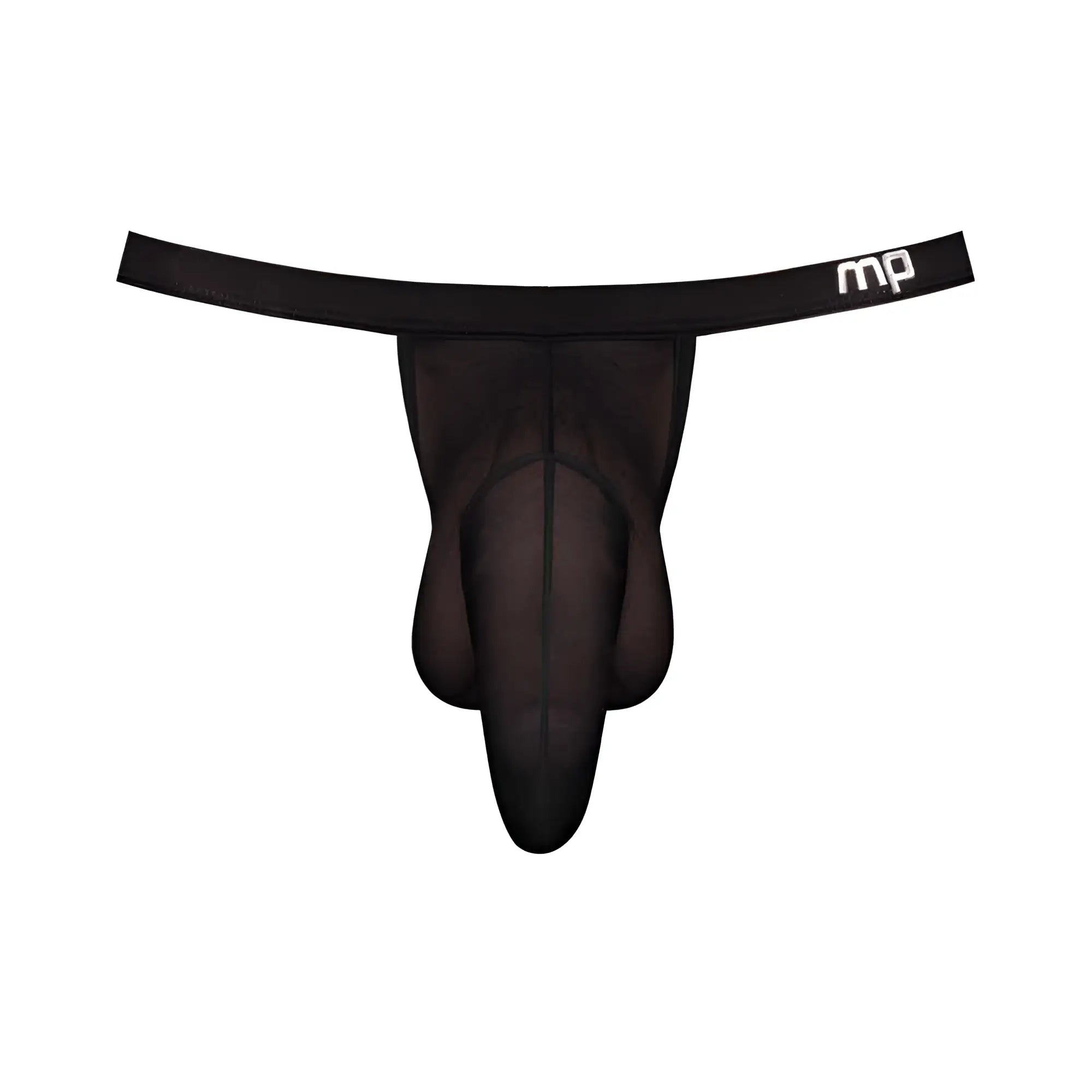 Black mesh thong with supportive contoured design and mp logo on waistband from male power hoser hose jock black sm