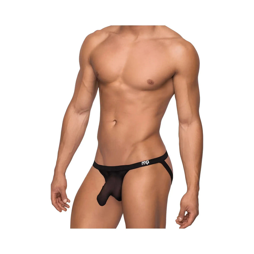 Black sheer mesh briefs with supportive waistband featuring mp logo male power hoser hose jock black sm front view