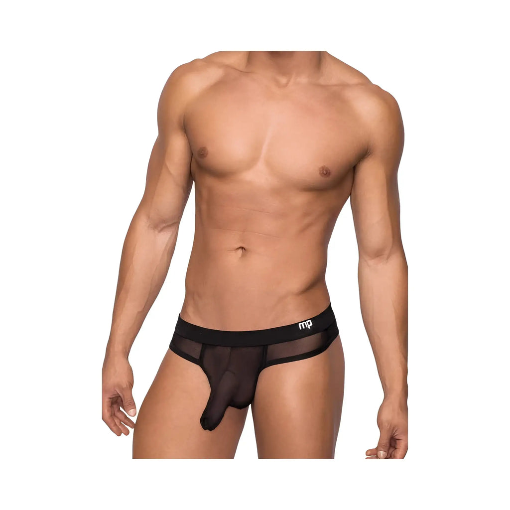 Black sheer mesh male power hoser hose thong briefs with solid waistband and mp logo in black s/m size