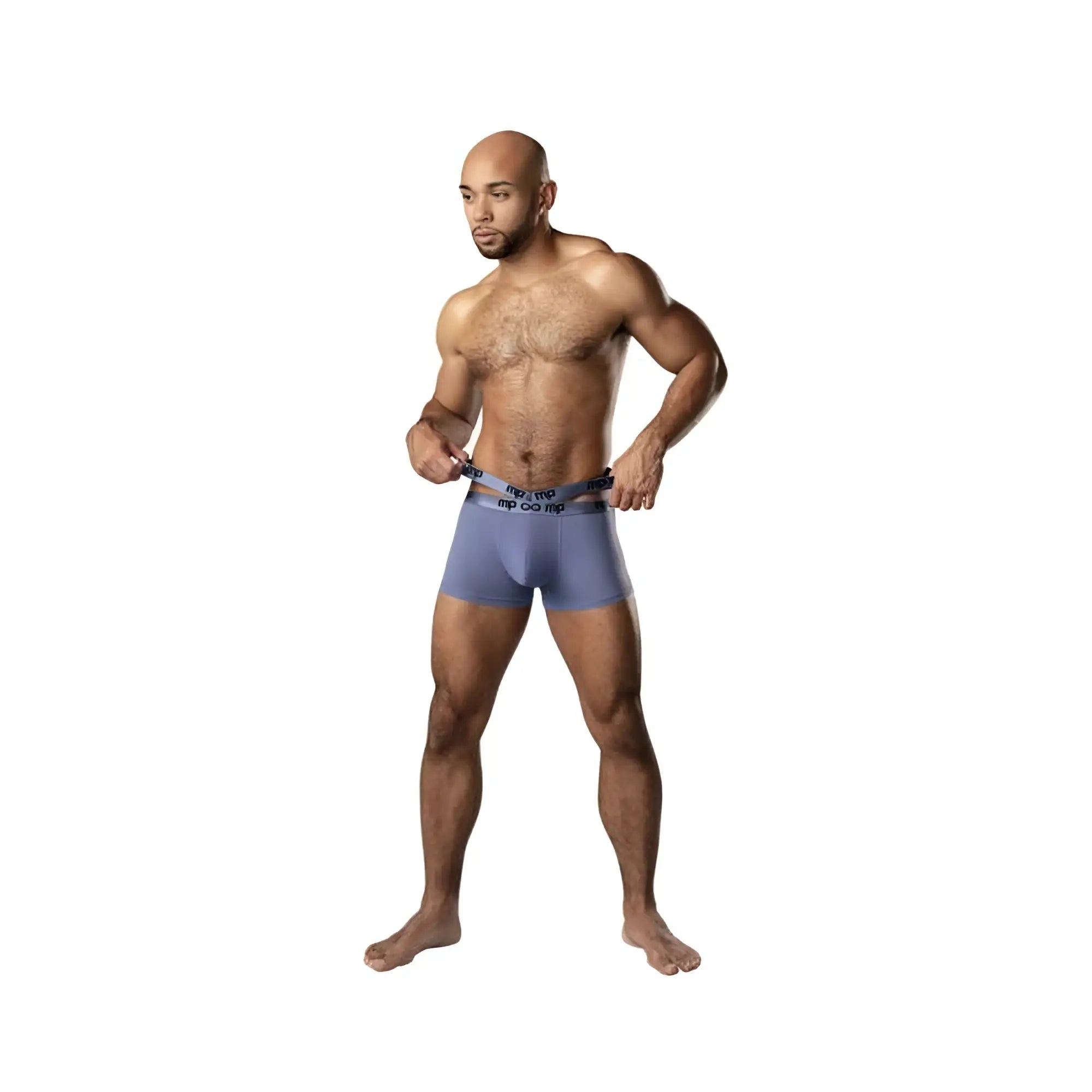 Blue boxer briefs with black elastic waistband featuring white text from male power infinite comfort amplifying pouch shorts