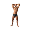 Black male power kaleidscope mini short briefs with subtle intricate silver pattern shown from the back side