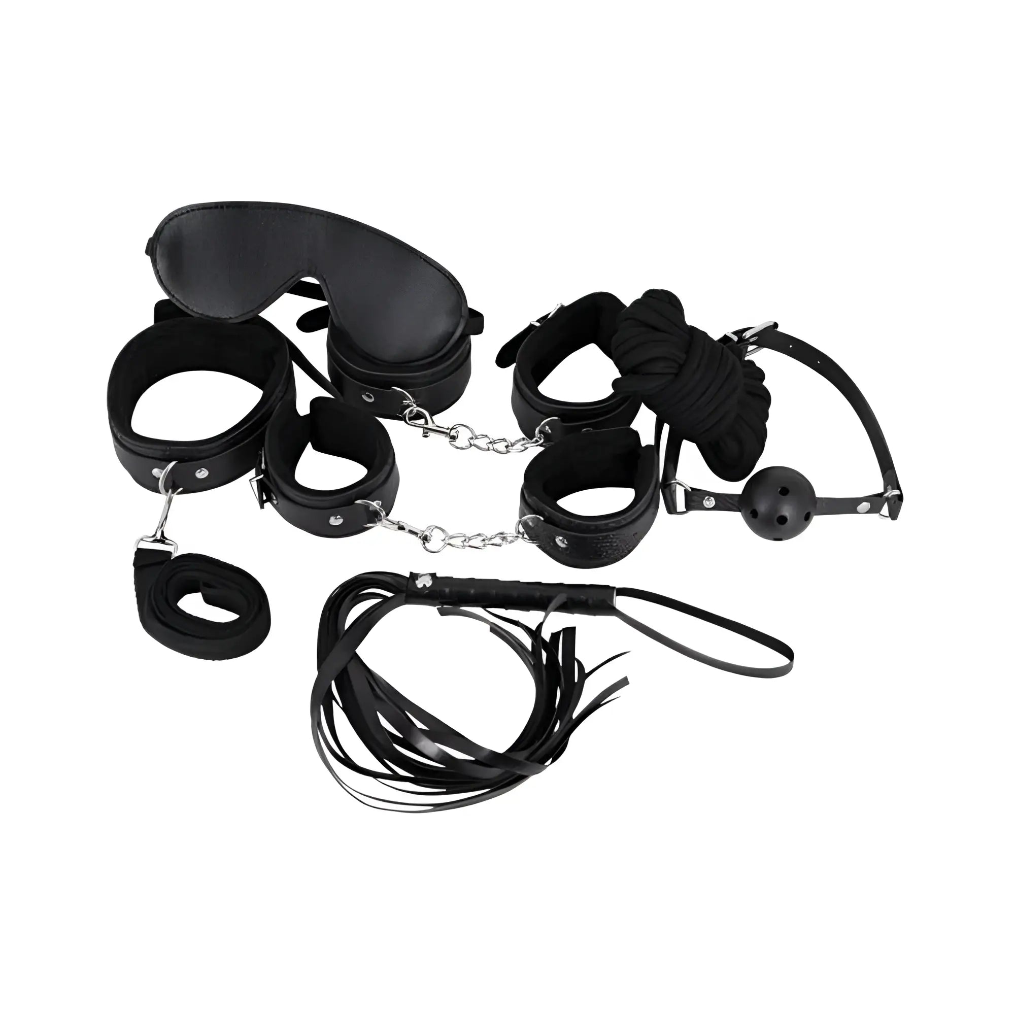 Black leather bondage set with metal chains and flogger male power leather 7-pack lite bondage set black