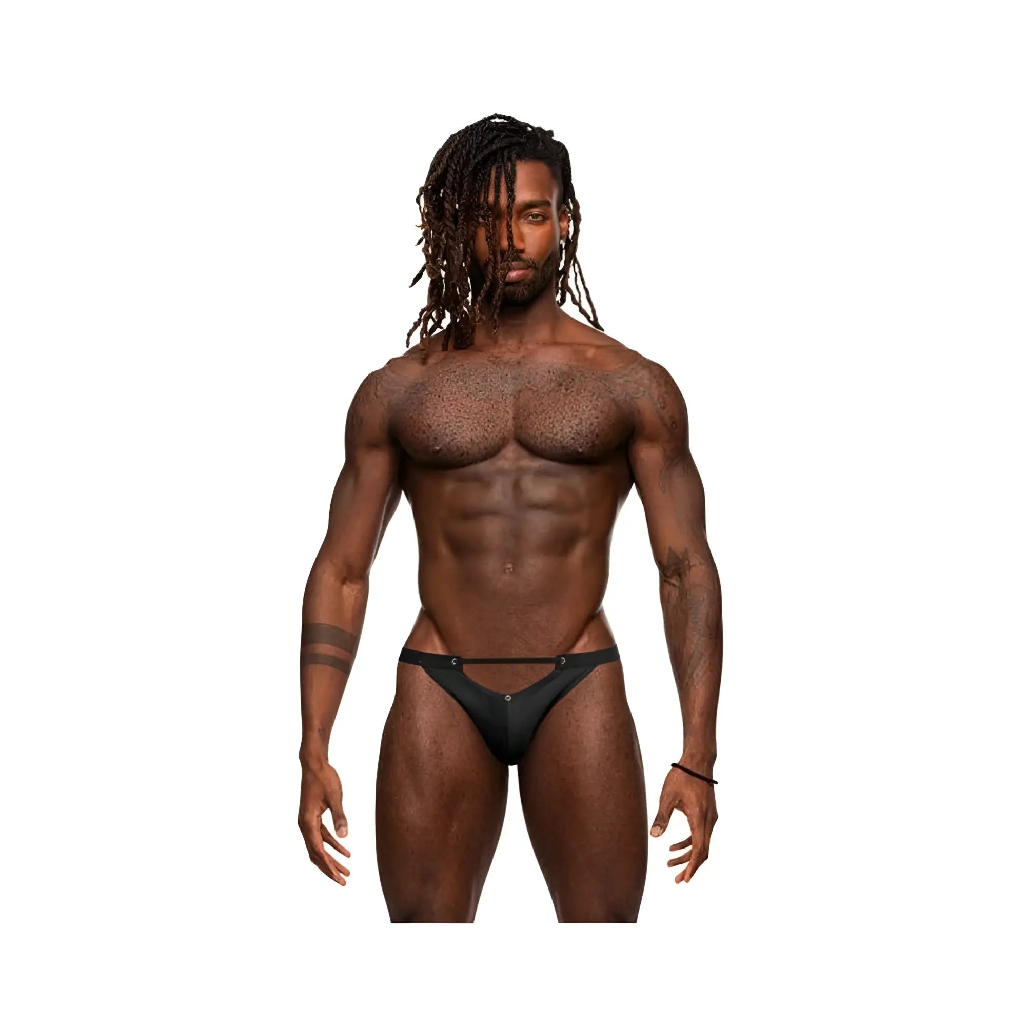 Male power magnificence micro v thong in black s/m features a low-rise design with three small metallic clasps at front