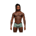 A pair of sage green male power magnificence mini short boxer briefs with black waistband and circular cutout design
